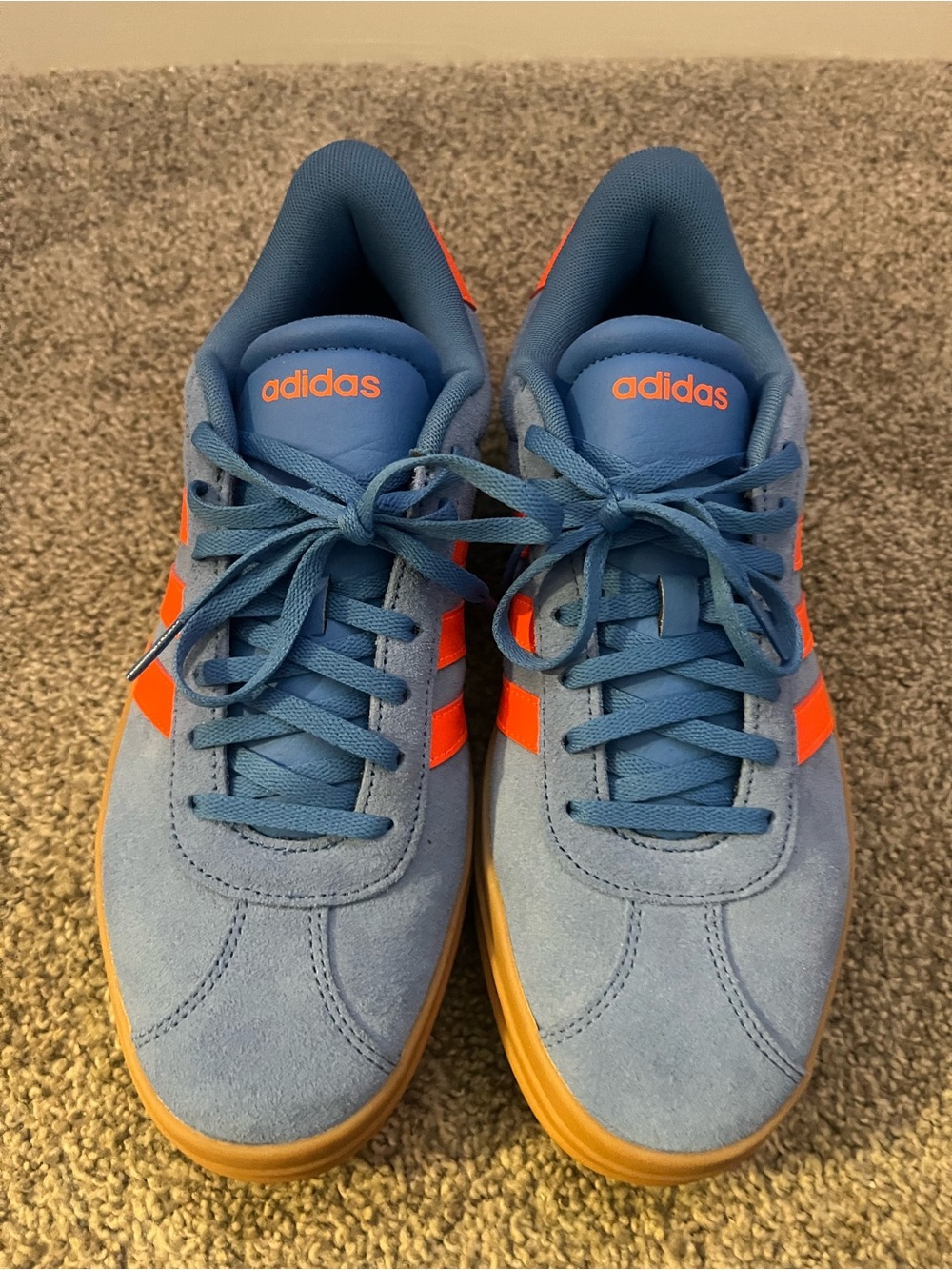 adidas Women’s Blue Suede Sneakers with Orange Accents